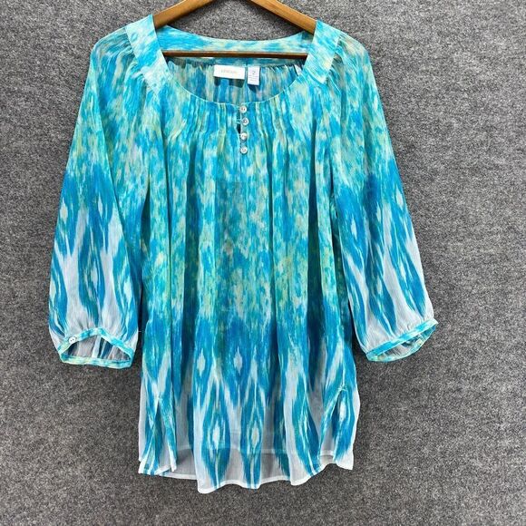 Chico's Blouse Women 2 Blue Geometric 3/4 Sleeve 1/4 Button Round Neck Casual - Picture 1 of 8